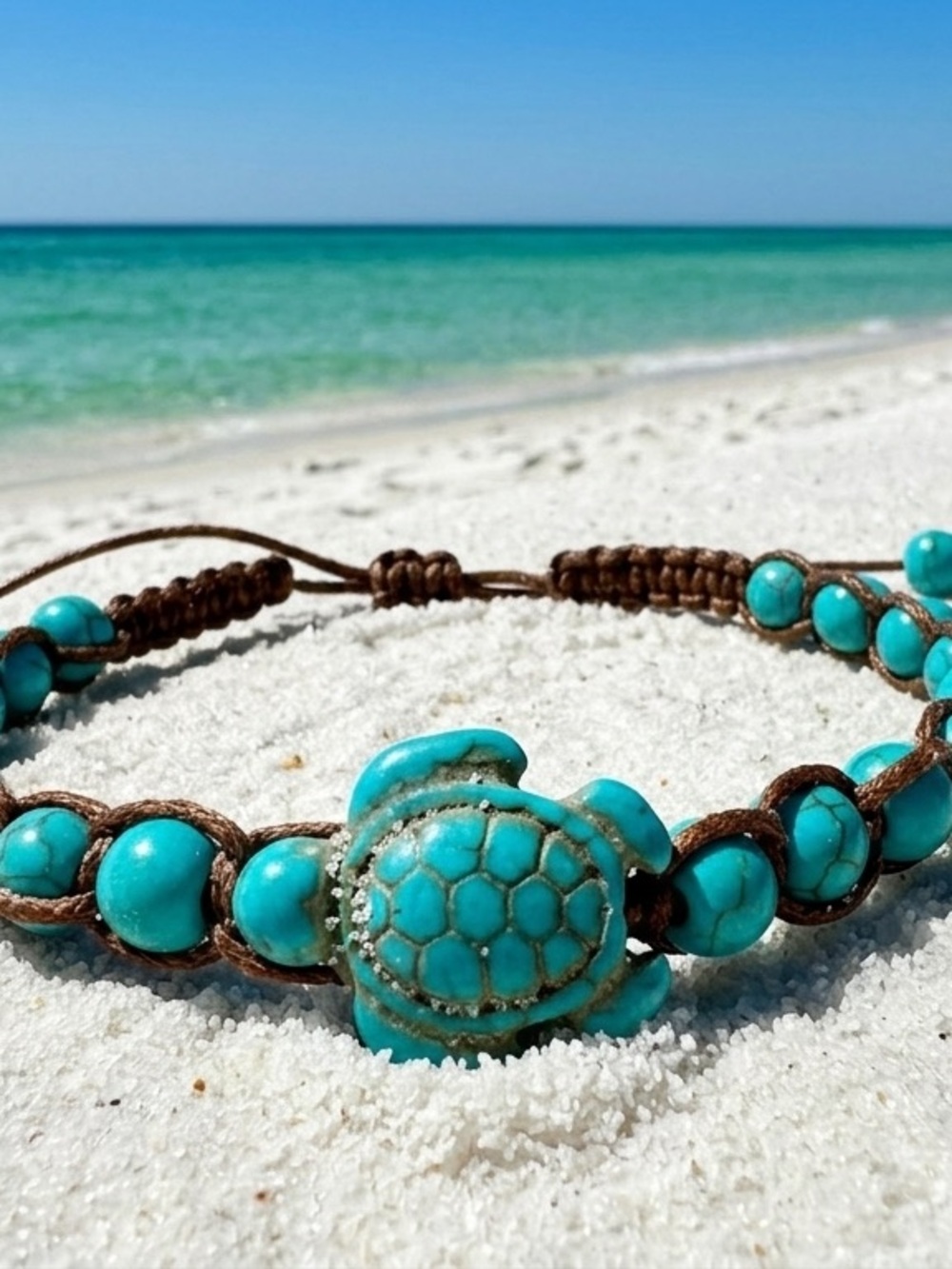 Turquoise Turtle Beaded Macramé Anklet - Beach Style
